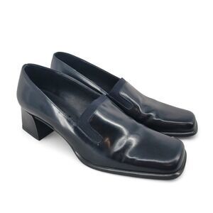 Sesto Meucci Navy Leather Block Heel Loafers 8M‎ Italy Square Toe Shoes EUC